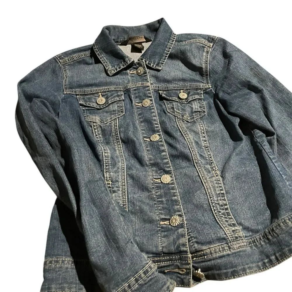 Bacinna size small Denim Jean Jacket in Medium Blue silver/rhinestone buttons
